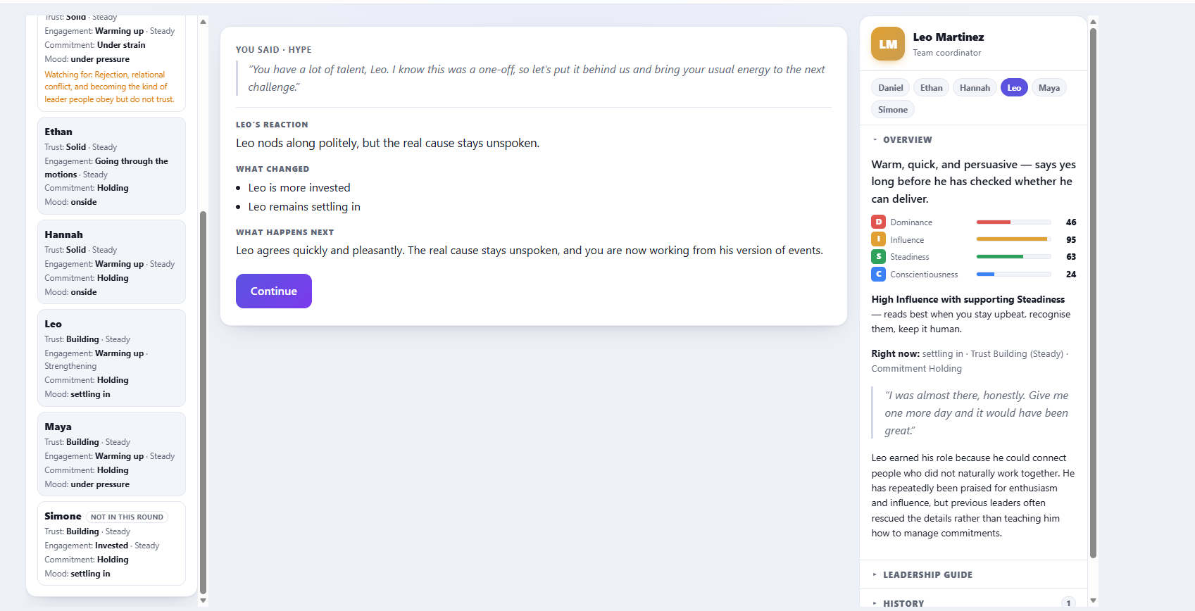 Team Turnaround outcome screen, showing the response the team chose, the employee's reaction to it, what changed across the team, and what happens next.