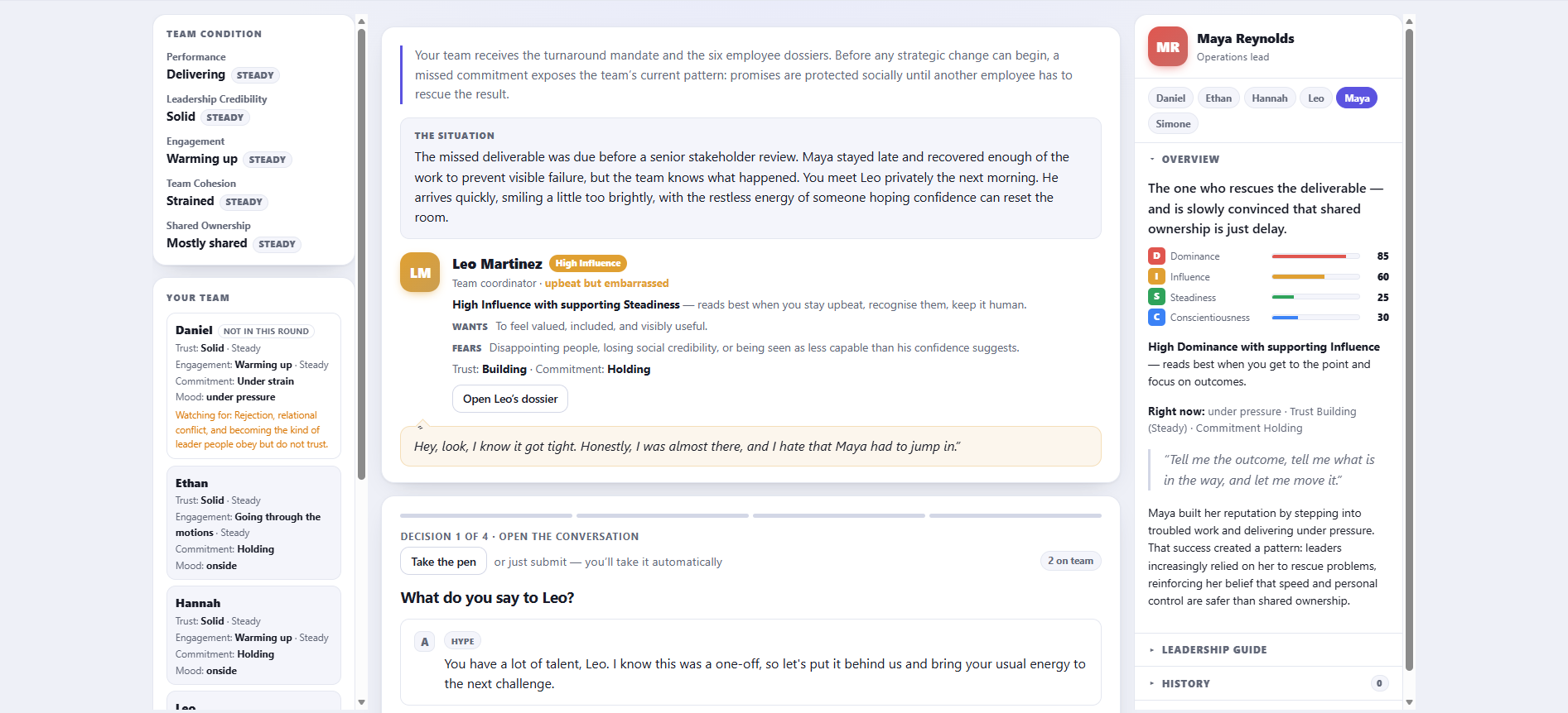 Team Turnaround decision screen: the team's condition meters down the left side, the round's situation and the employee's behavioral profile in the middle, a full dossier open on the right, and the response options below.