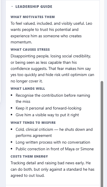 Dossier leadership guide panel, listing what motivates the employee, what causes them stress, what lands well with them, and what tends to misfire.